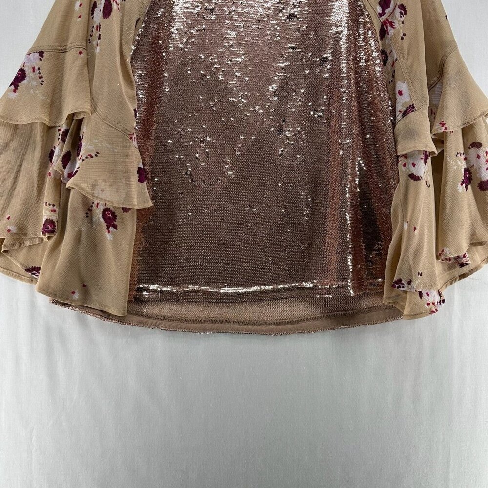 Free People Top Size S Shimmy & Shake Sequin Floral Tiered Bell Sleeve Brown - Picture 5 of 12